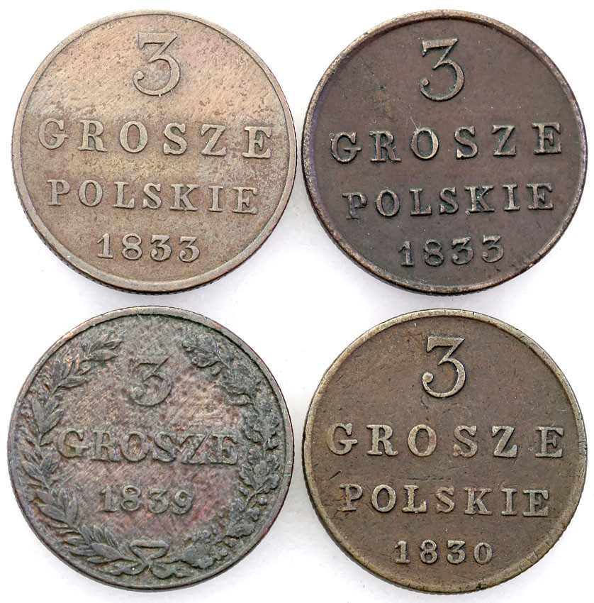 Polska XlX w. / Rosja. 3 Grosze Polskie (Trojak) 1830-1839, Warszawa – zestaw 4 szt.